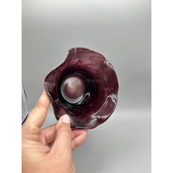 Art Glass Ruffled Edge Bowl Purple White Handmade Candle Holder Trinket Dish - Picture 5 of 10